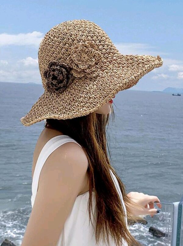 Sun Hat - Flowers - Khaki - Large