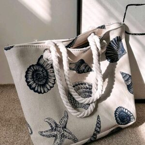 Tote Bag with Zip - Sea Shell Pattern - Navy