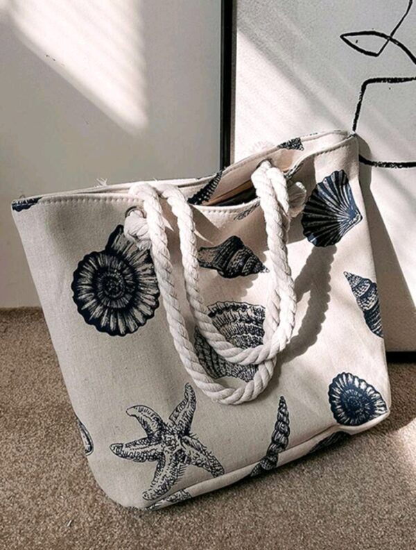 Tote Bag with Zip - Sea Shell Pattern - Navy