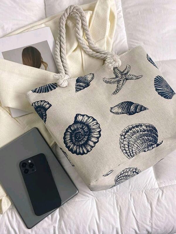 Tote Bag with Zip - Sea Shell Pattern - Navy - Image 2