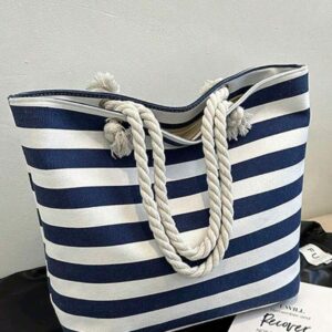 Tote Bag with Zip - Navy and White Stripes