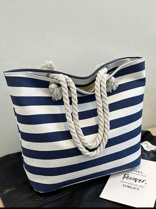 Tote Bag with Zip - Navy and White Stripes