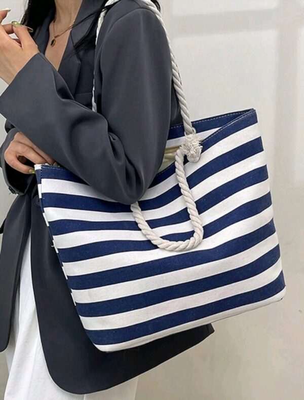 Tote Bag with Zip - Navy and White Stripes - Image 2