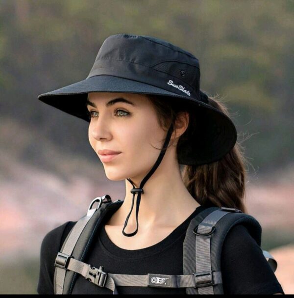 Wide Brim Sun Hat - Ponytail Hole - Black
