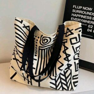 Tote Bag with Zip - Strip Pattern - Beige/Black