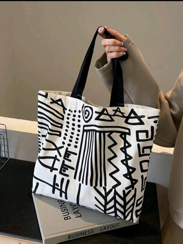 Tote Bag with Zip - Strip Pattern - Beige/Black - Image 2