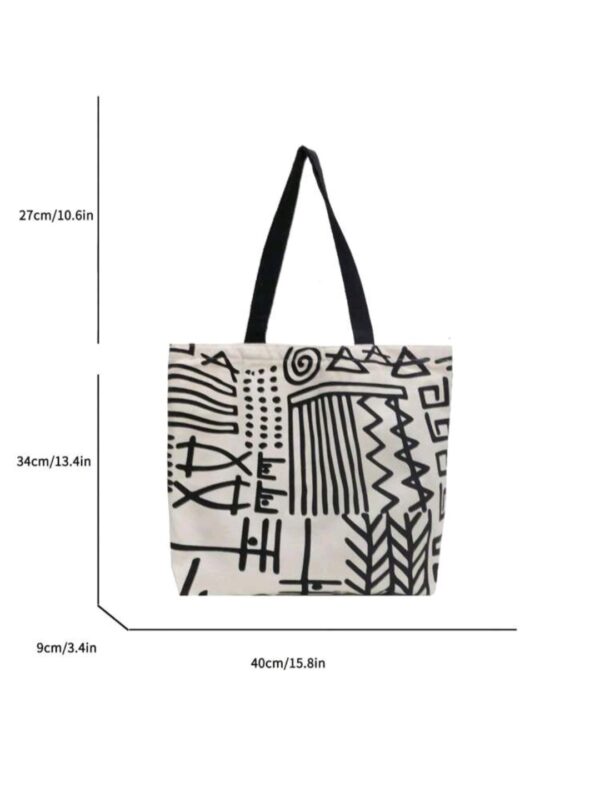 Tote Bag with Zip - Strip Pattern - Beige/Black - Image 4
